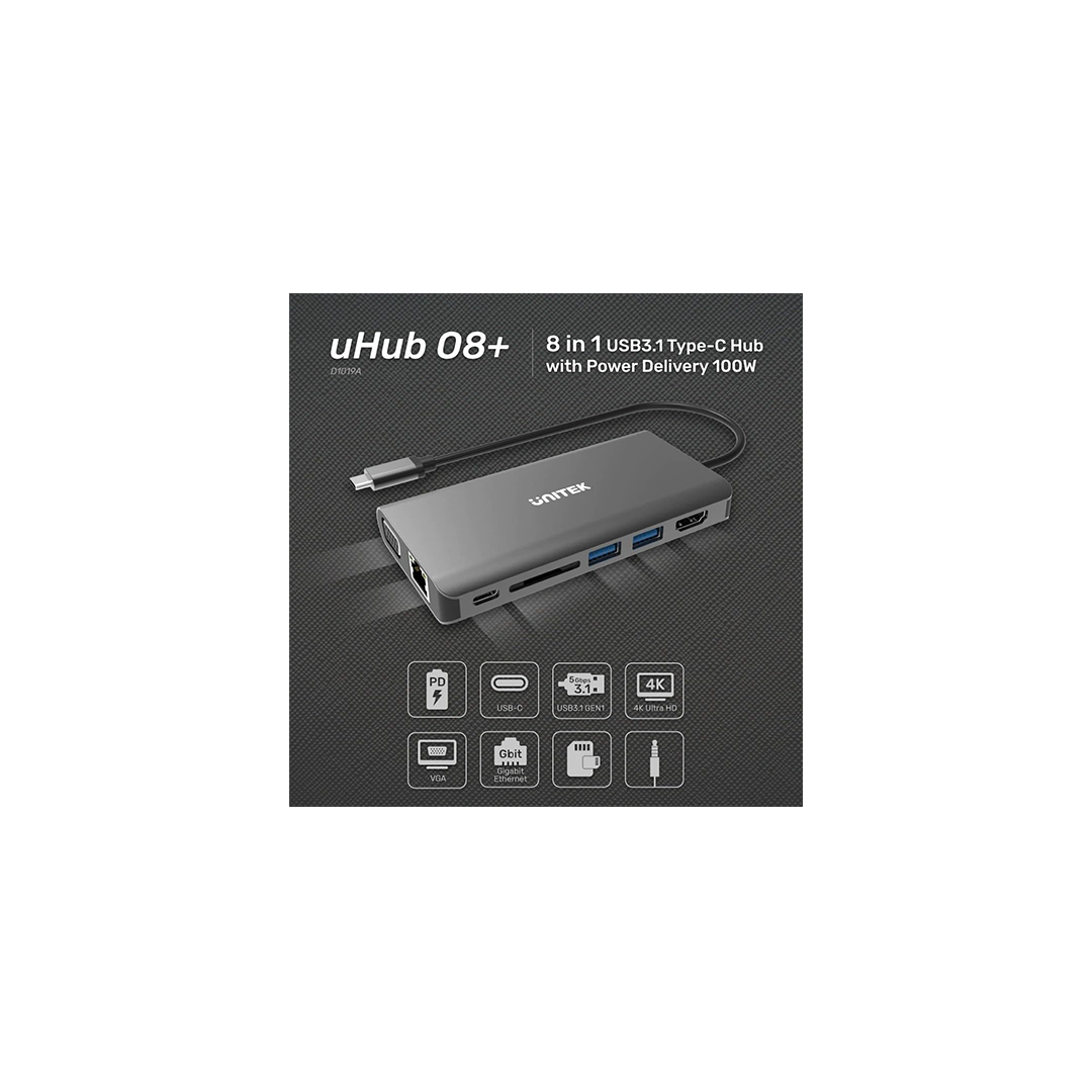 Unitek D1019B uHUB O8+ 8-in-1 USB-C Dual Display Hub with USB 5Gbps and PD 100W Charging Unitek D1019B uHUB O8+ 8-in-1 USB-C Dual Display Hub with USB 5Gbps and PD 100W Charging